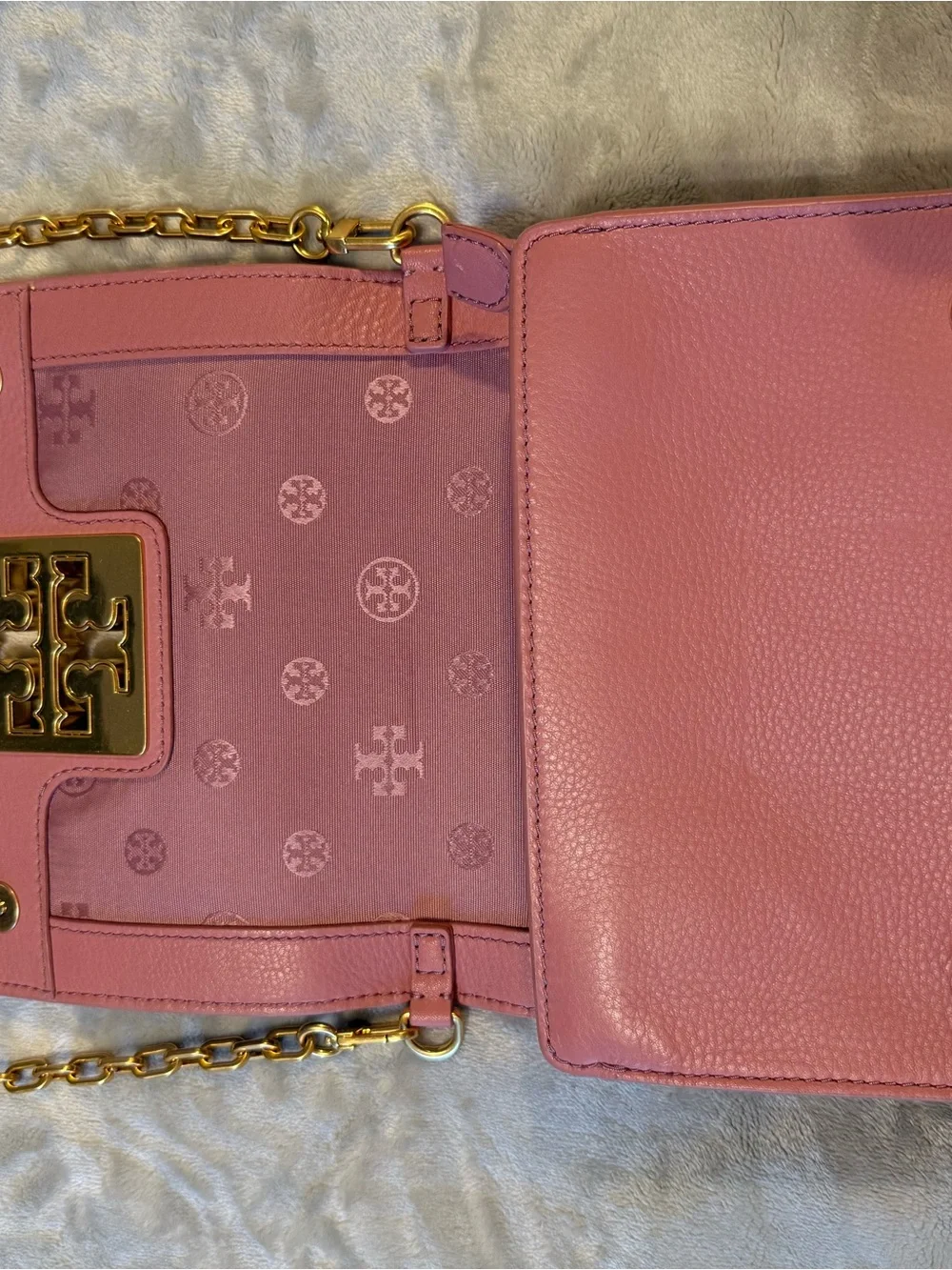 Tory Burch Rose Leather Crossbody with Gold Logo Chain